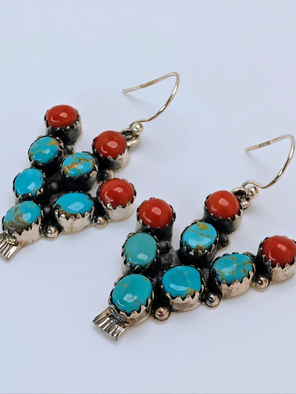 Kingman Turquoise & Coral S925 Sterling Silver Cactus Dangle Earrings